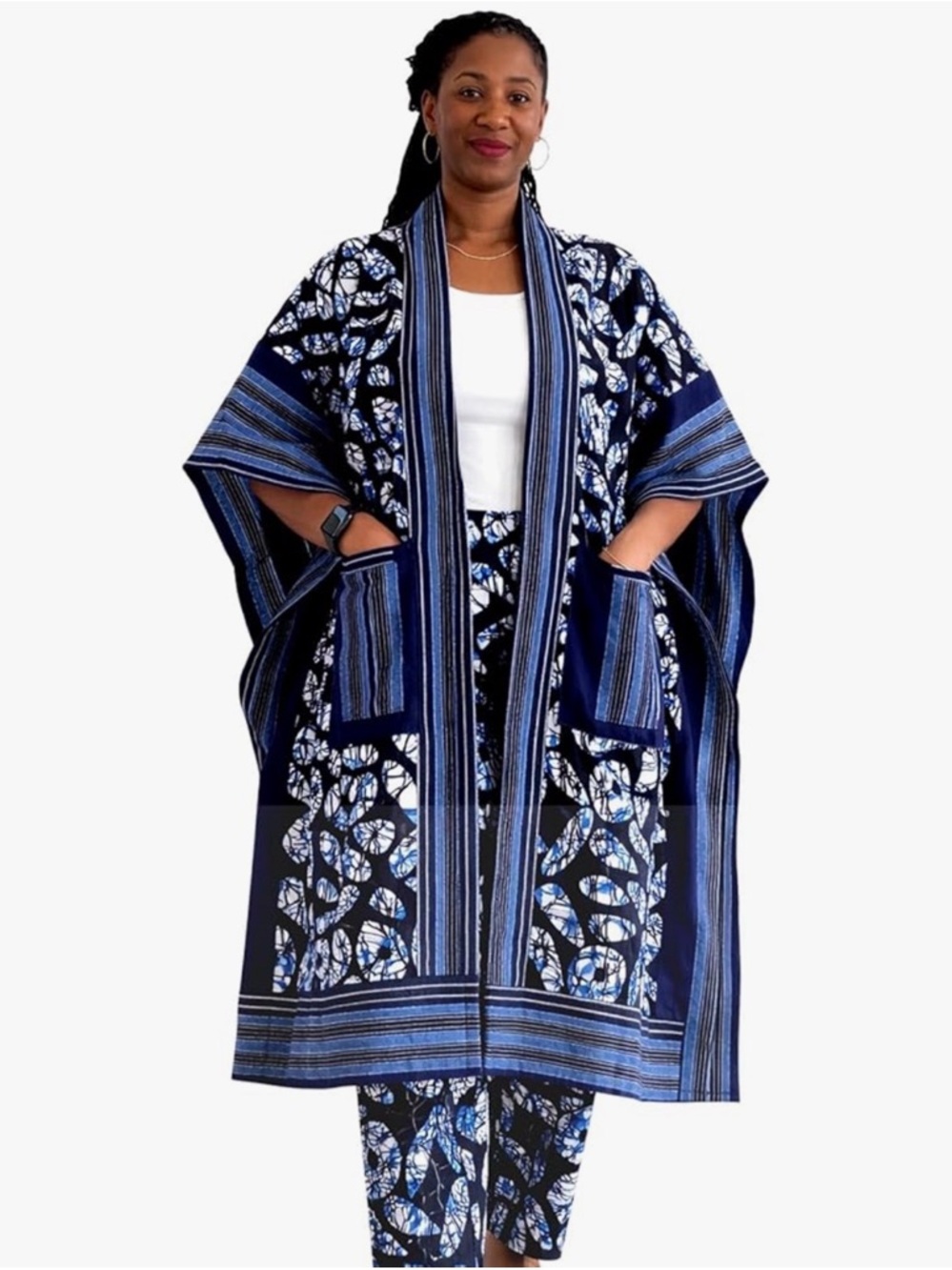 Blue and white Kimono Pants Set in African Print (ankara & Aso oke)